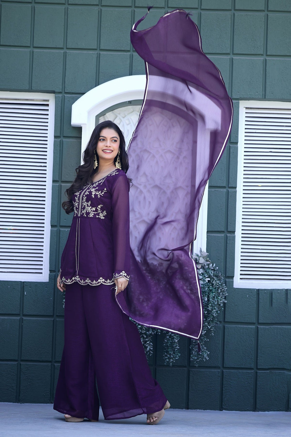 Dwija Fashion Short Kurti Crepe Embroidered Purple Color Kurti With Palazzo And Dupatta | Grocsy