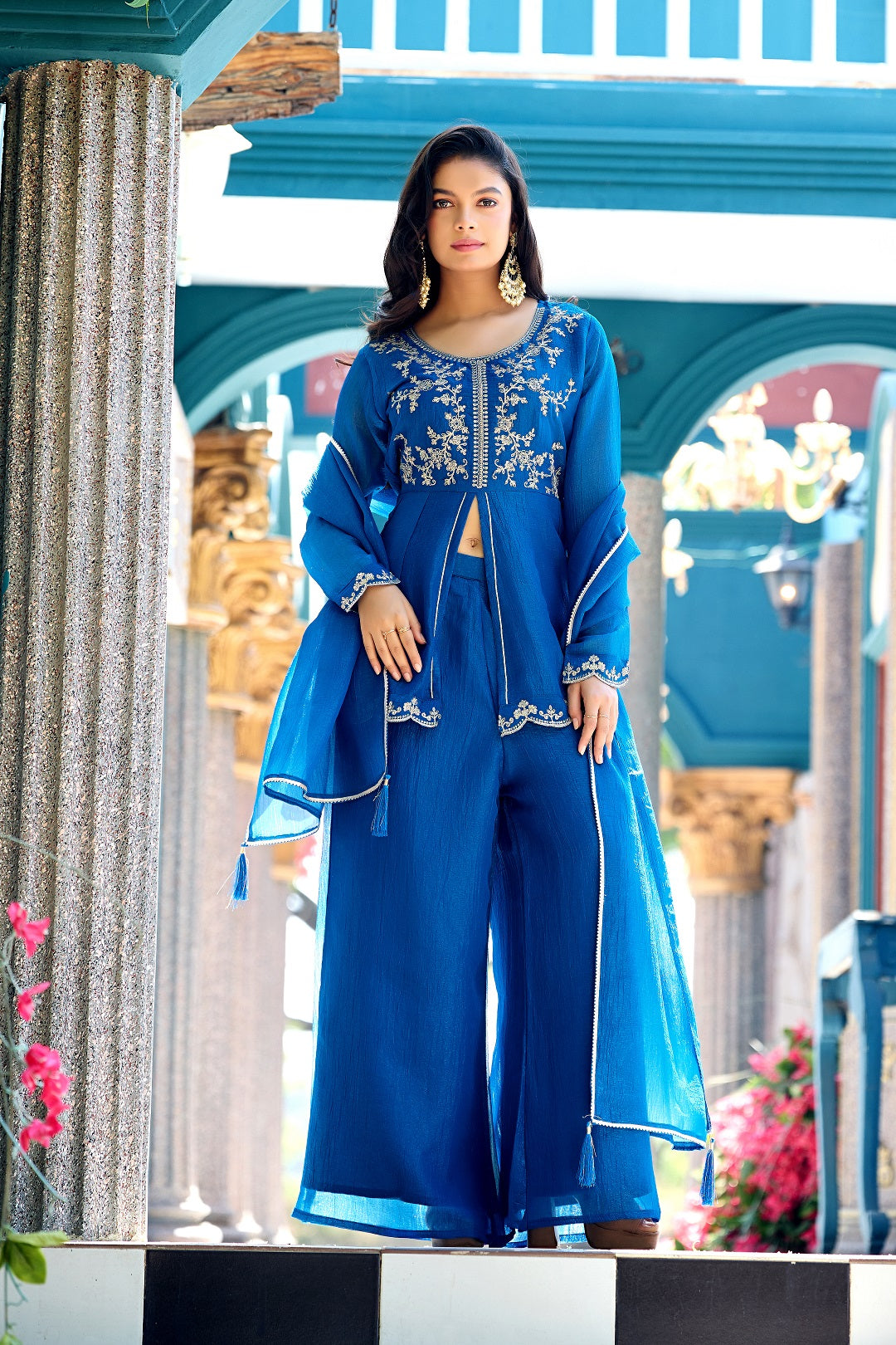 Dwija Fashion Short Kurti Crepe Embroidered Blue Color Kurti With Palazzo And Dupatta | Grocsy