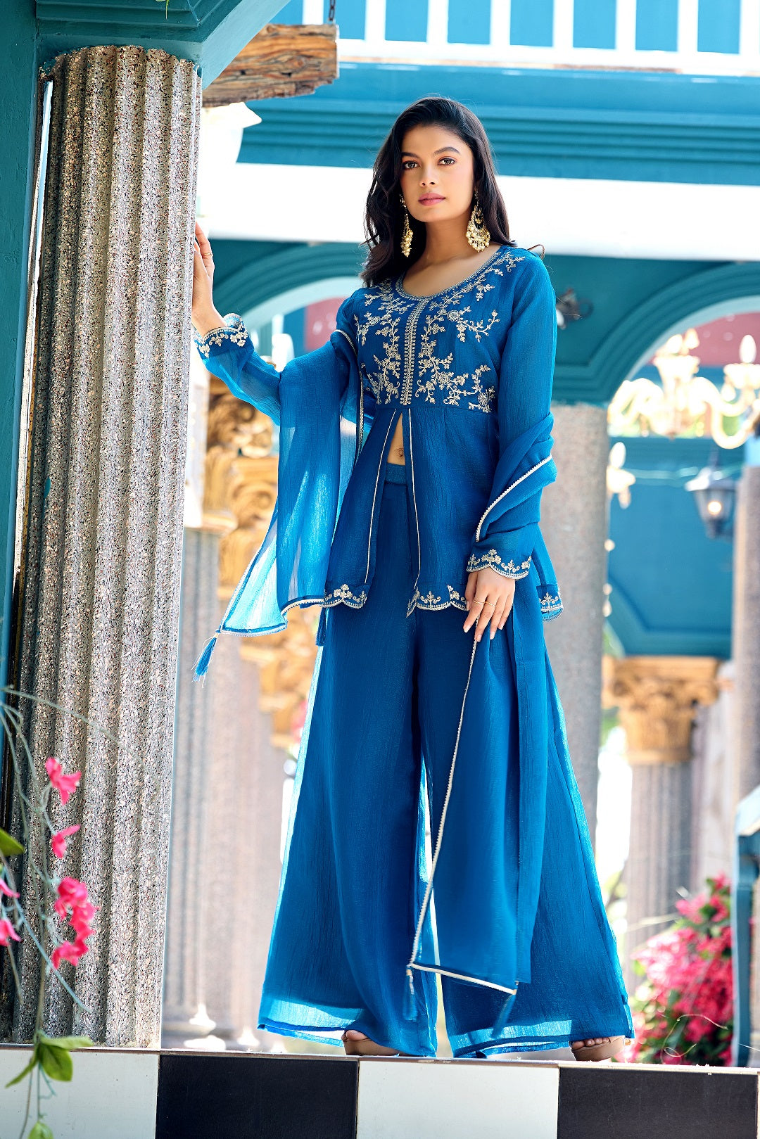 Dwija Fashion Short Kurti Crepe Embroidered Blue Color Kurti With Palazzo And Dupatta | Grocsy