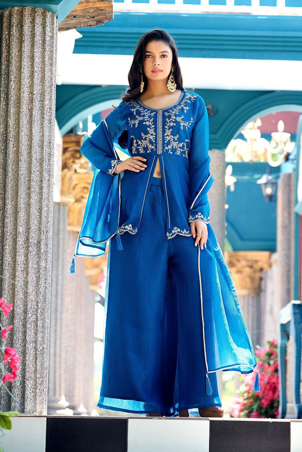Dwija Fashion Short Kurti Crepe Embroidered Blue Color Kurti With Palazzo And Dupatta | Grocsy