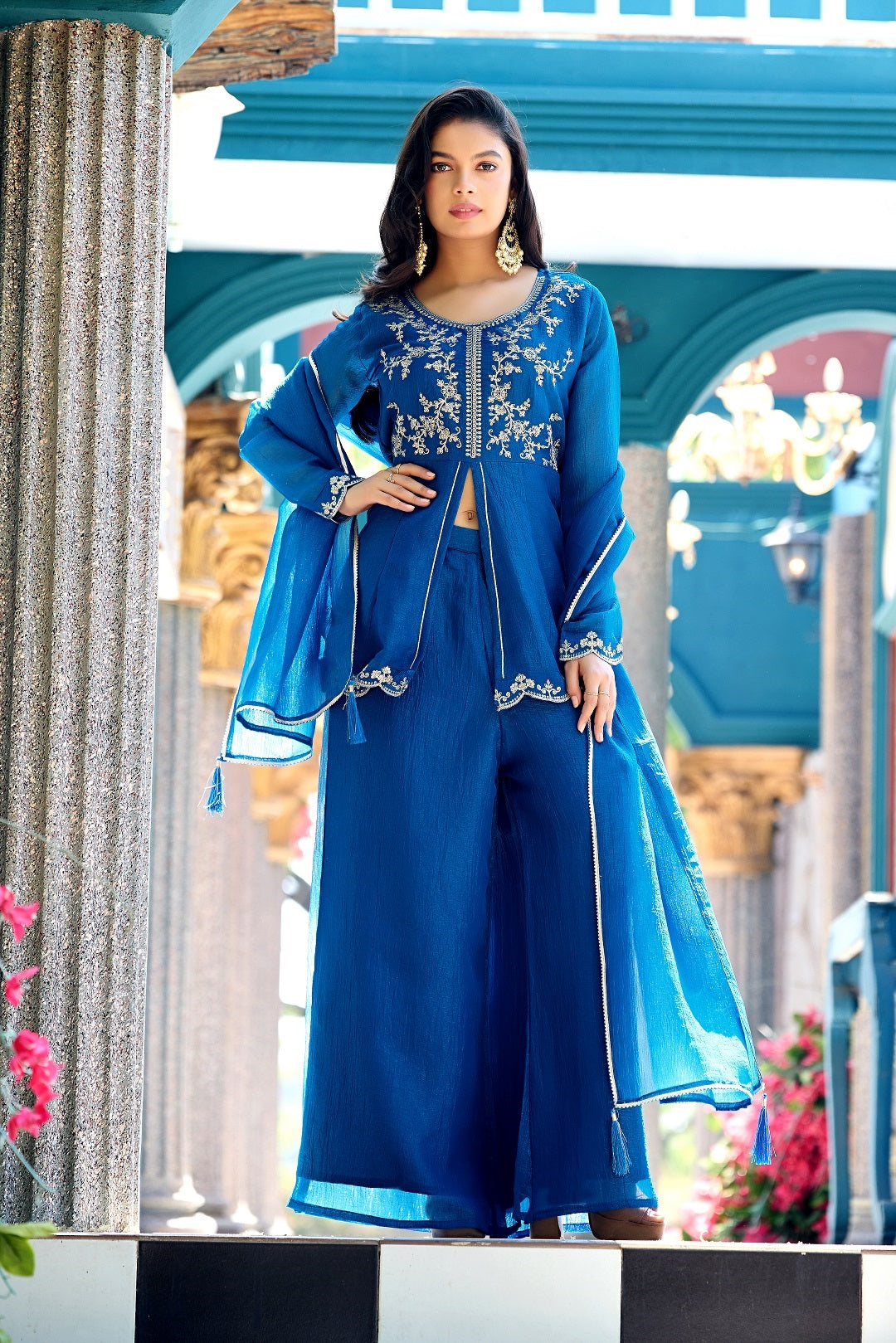 Dwija Fashion Short Kurti Crepe Embroidered Blue Color Kurti With Palazzo And Dupatta | Grocsy