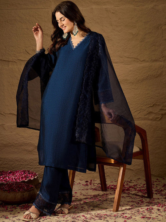 Dwija Fashion A-Line Kurti Vichitra Silk Solid Navy Blue Color Kurti With Pant And Dupatta | Grocsy