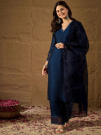 Dwija Fashion A-Line Kurti Vichitra Silk Solid Navy Blue Color Kurti With Pant And Dupatta | Grocsy
