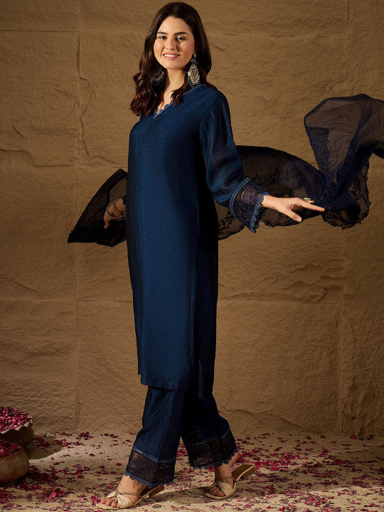 Dwija Fashion A-Line Kurti Vichitra Silk Solid Navy Blue Color Kurti With Pant And Dupatta | Grocsy