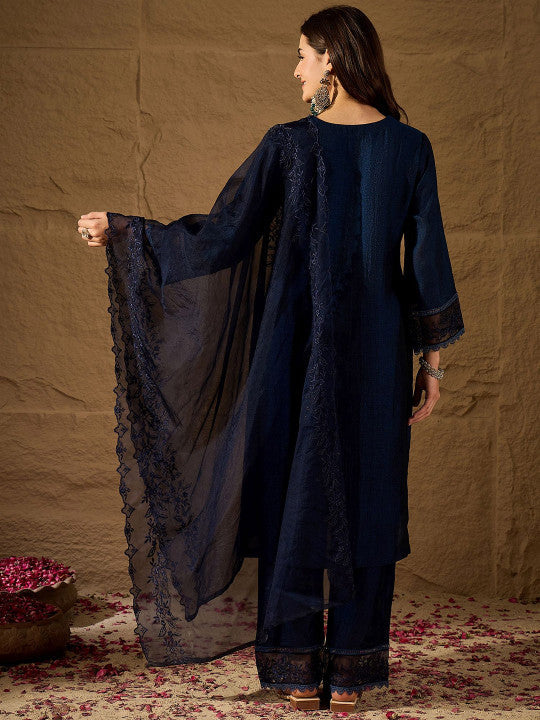 Dwija Fashion A-Line Kurti Vichitra Silk Solid Navy Blue Color Kurti With Pant And Dupatta | Grocsy