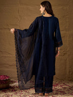 Dwija Fashion A-Line Kurti Vichitra Silk Solid Navy Blue Color Kurti With Pant And Dupatta | Grocsy
