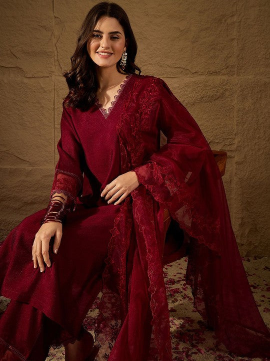 Dwija Fashion A-Line Kurti Vichitra Silk Solid Maroon Color Kurti With Pant And Dupatta | Grocsy