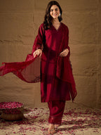 Dwija Fashion A-Line Kurti Vichitra Silk Solid Maroon Color Kurti With Pant And Dupatta | Grocsy