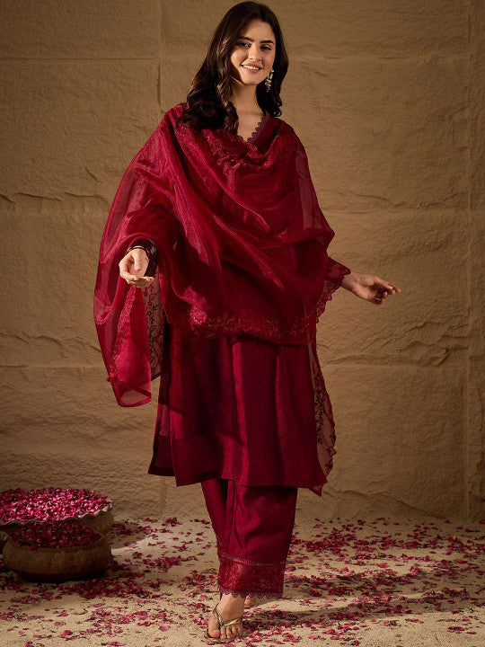 Dwija Fashion A-Line Kurti Vichitra Silk Solid Maroon Color Kurti With Pant And Dupatta | Grocsy