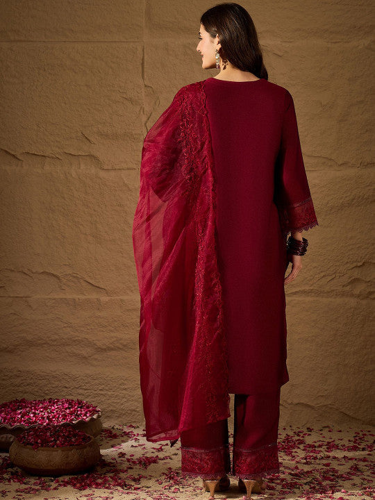 Dwija Fashion A-Line Kurti Vichitra Silk Solid Maroon Color Kurti With Pant And Dupatta | Grocsy
