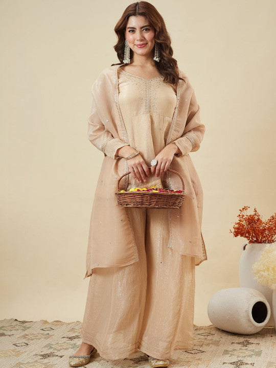 Dwija Fashion Short Kurti Crepe Embroidered Beige Color Kurti With Palazzo And Dupatta | Grocsy