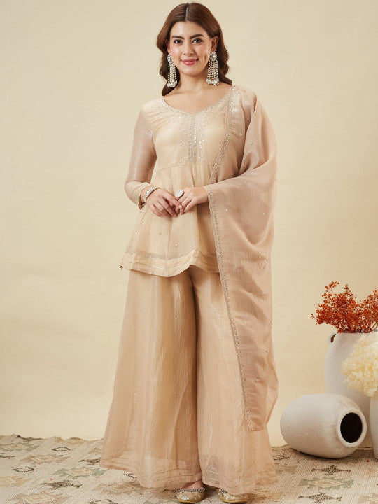 Dwija Fashion Short Kurti Crepe Embroidered Beige Color Kurti With Palazzo And Dupatta | Grocsy