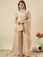 Dwija Fashion Short Kurti Crepe Embroidered Beige Color Kurti With Palazzo And Dupatta | Grocsy
