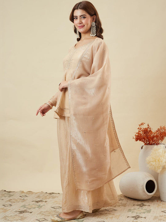Dwija Fashion Short Kurti Crepe Embroidered Beige Color Kurti With Palazzo And Dupatta | Grocsy