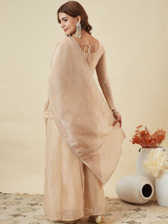 Dwija Fashion Short Kurti Crepe Embroidered Beige Color Kurti With Palazzo And Dupatta | Grocsy