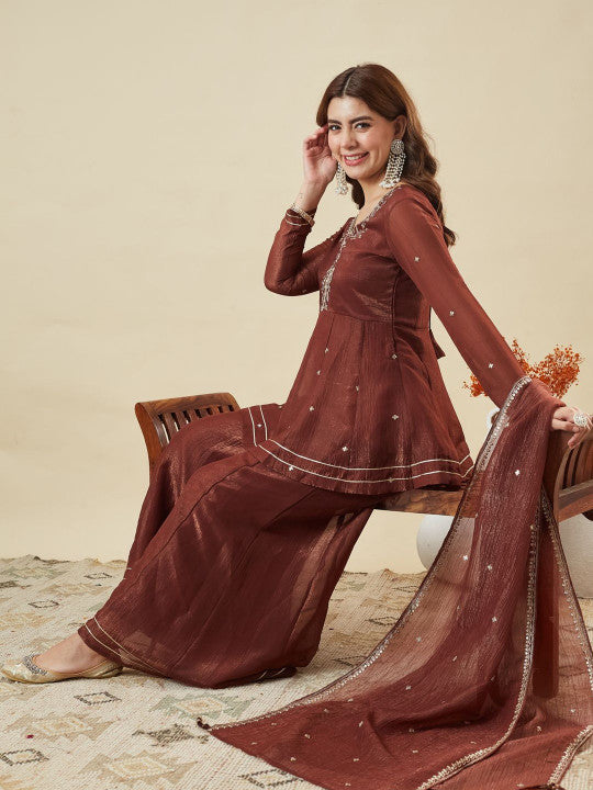Dwija Fashion Short Kurti Crepe Embroidered Brown Color Kurti With Palazzo And Dupatta | Grocsy