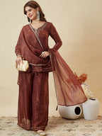 Dwija Fashion Short Kurti Crepe Embroidered Brown Color Kurti With Palazzo And Dupatta | Grocsy