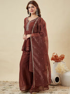 Dwija Fashion Short Kurti Crepe Embroidered Brown Color Kurti With Palazzo And Dupatta | Grocsy