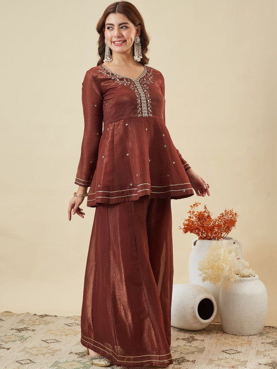Dwija Fashion Short Kurti Crepe Embroidered Brown Color Kurti With Palazzo And Dupatta | Grocsy