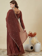 Dwija Fashion Short Kurti Crepe Embroidered Brown Color Kurti With Palazzo And Dupatta | Grocsy