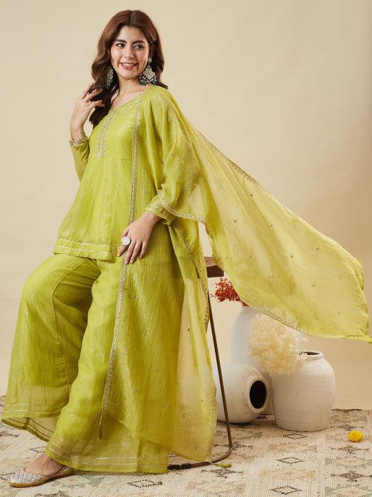Dwija Fashion Short Kurti Crepe Embroidered Lime Green Color Kurti With Palazzo And Dupatta | Grocsy