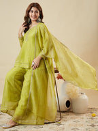 Dwija Fashion Short Kurti Crepe Embroidered Lime Green Color Kurti With Palazzo And Dupatta | Grocsy
