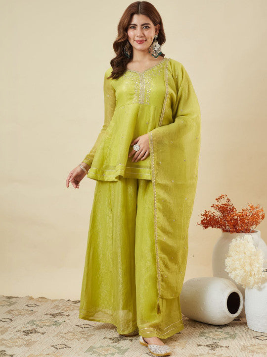Dwija Fashion Short Kurti Crepe Embroidered Lime Green Color Kurti With Palazzo And Dupatta | Grocsy