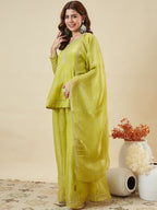 Dwija Fashion Short Kurti Crepe Embroidered Lime Green Color Kurti With Palazzo And Dupatta | Grocsy