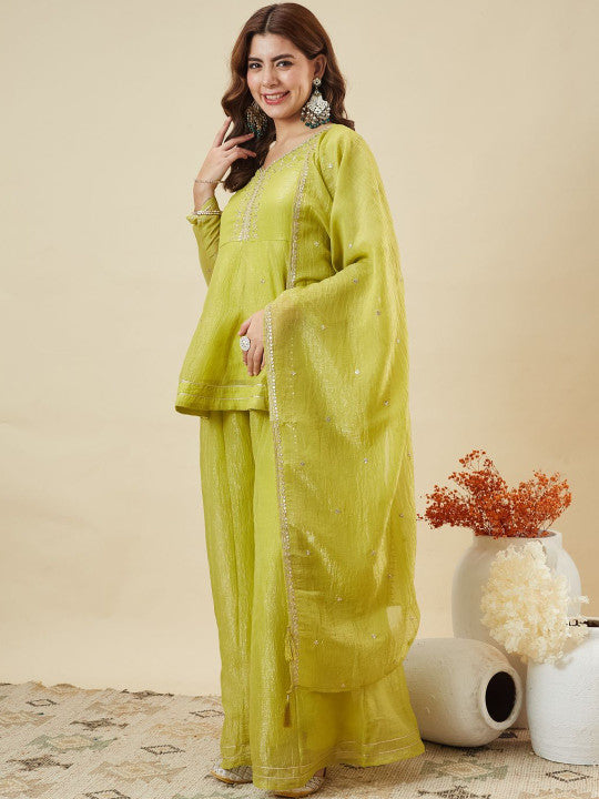 Dwija Fashion Short Kurti Crepe Embroidered Lime Green Color Kurti With Palazzo And Dupatta | Grocsy