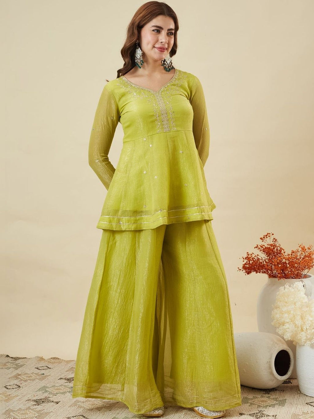 Dwija Fashion Short Kurti Crepe Embroidered Lime Green Color Kurti With Palazzo And Dupatta | Grocsy