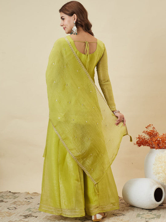 Dwija Fashion Short Kurti Crepe Embroidered Lime Green Color Kurti With Palazzo And Dupatta | Grocsy