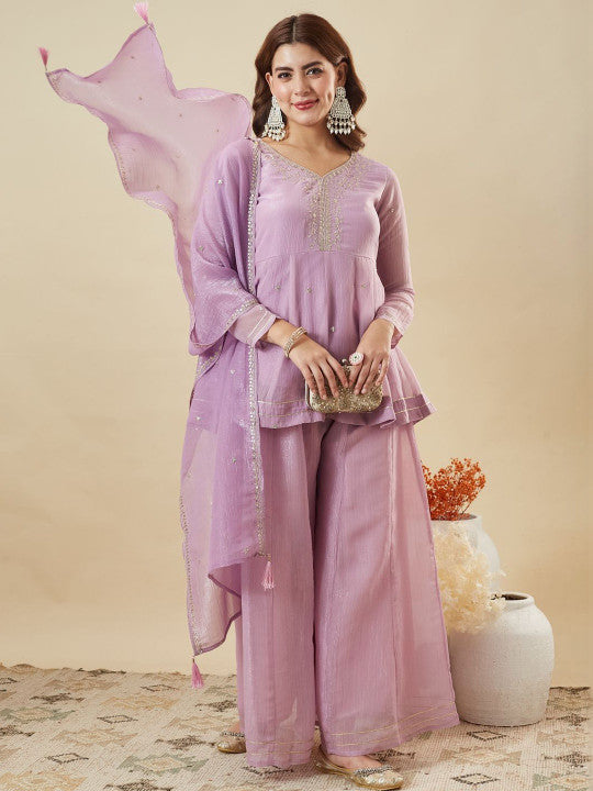 Dwija Fashion Short Kurti Crepe Embroidered Lavender Color Kurti With Palazzo And Dupatta | Grocsy
