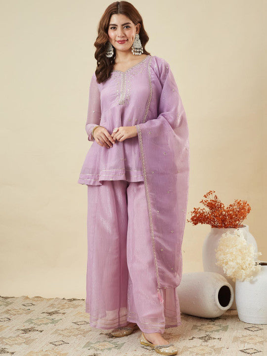 Dwija Fashion Short Kurti Crepe Embroidered Lavender Color Kurti With Palazzo And Dupatta | Grocsy