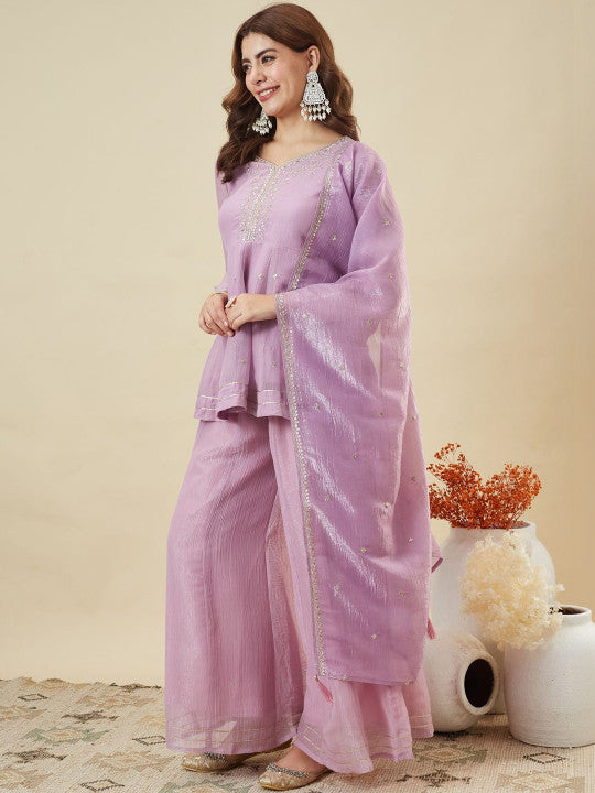 Dwija Fashion Short Kurti Crepe Embroidered Lavender Color Kurti With Palazzo And Dupatta | Grocsy
