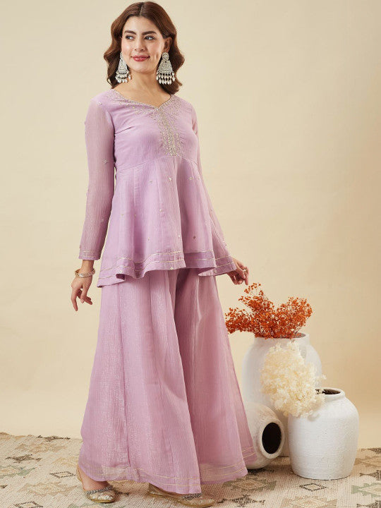 Dwija Fashion Short Kurti Crepe Embroidered Lavender Color Kurti With Palazzo And Dupatta | Grocsy
