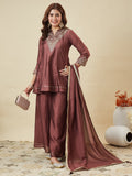 Dwija Fashion Short Kurti Vichitra Silk Embroidered Brown Color Kurti With Palazzo And Dupatta | Grocsy