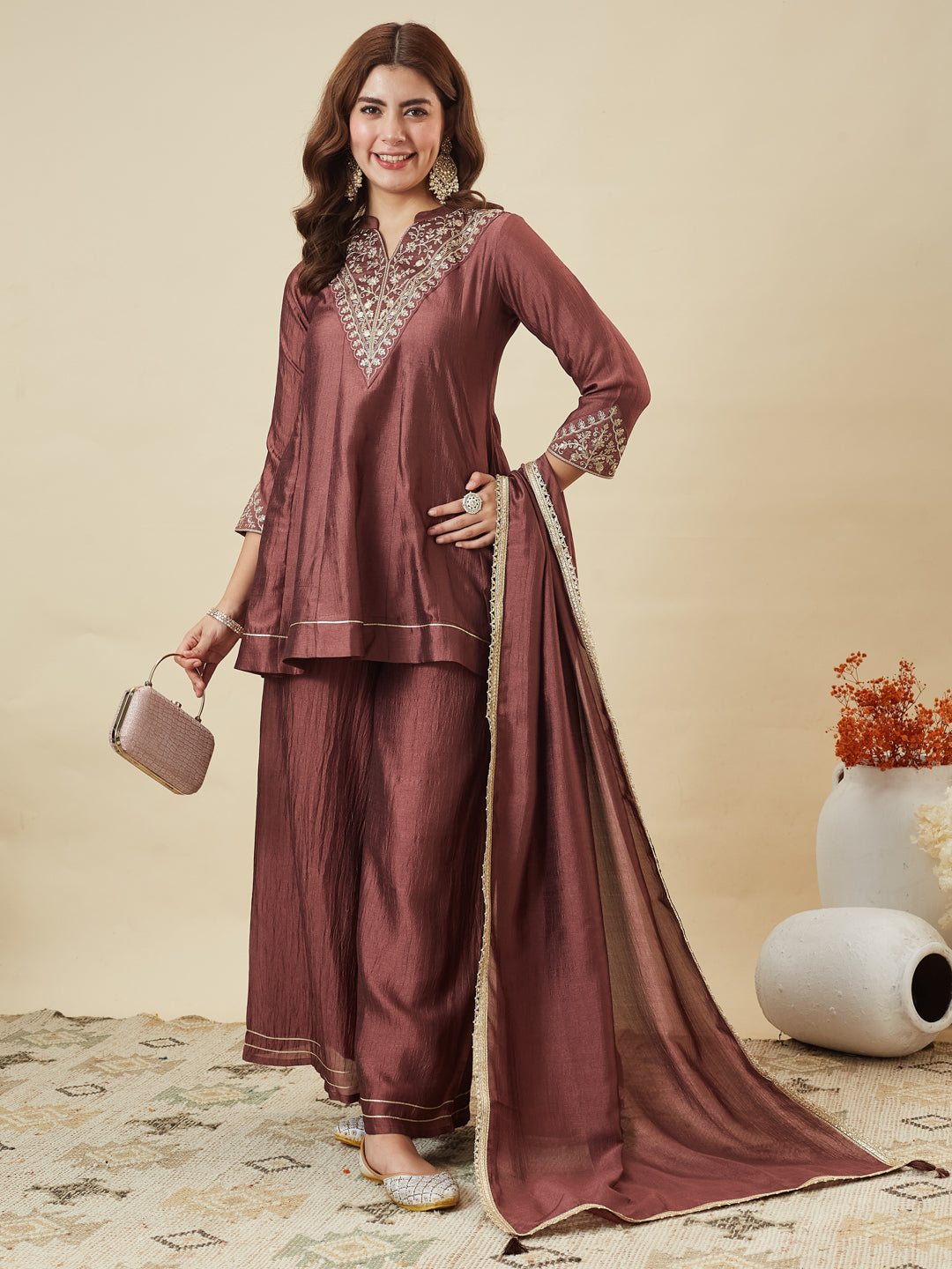Dwija Fashion Short Kurti Vichitra Silk Embroidered Brown Color Kurti With Palazzo And Dupatta | Grocsy