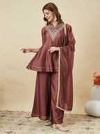 Dwija Fashion Short Kurti Vichitra Silk Embroidered Brown Color Kurti With Palazzo And Dupatta | Grocsy