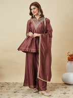 Dwija Fashion Short Kurti Vichitra Silk Embroidered Brown Color Kurti With Palazzo And Dupatta | Grocsy