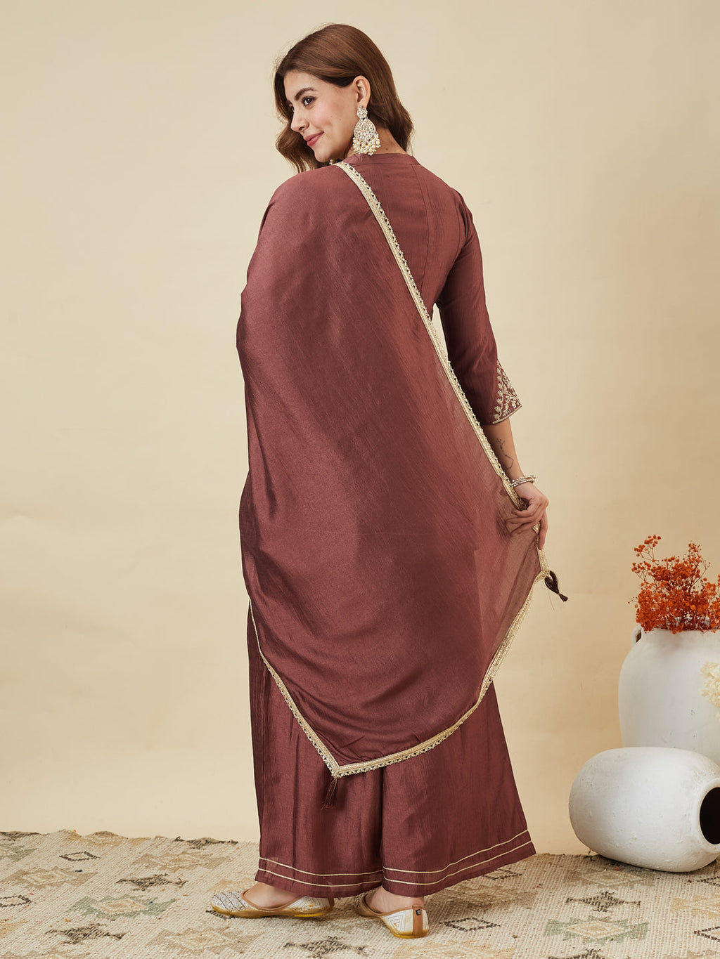 Dwija Fashion Short Kurti Vichitra Silk Embroidered Brown Color Kurti With Palazzo And Dupatta | Grocsy