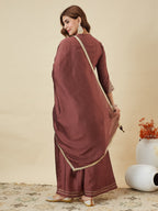 Dwija Fashion Short Kurti Vichitra Silk Embroidered Brown Color Kurti With Palazzo And Dupatta | Grocsy