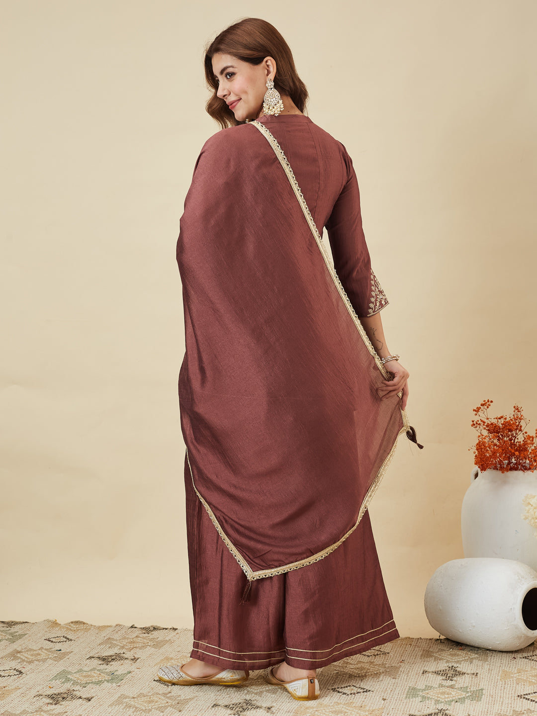 Dwija Fashion Short Kurti Vichitra Silk Embroidered Brown Color Kurti With Palazzo And Dupatta | Grocsy