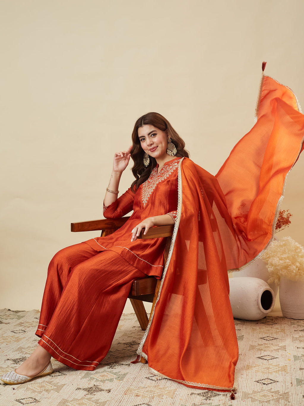 Dwija Fashion Short Kurti Vichitra Silk Embroidered Orange Color Kurti With Palazzo And Dupatta | Grocsy