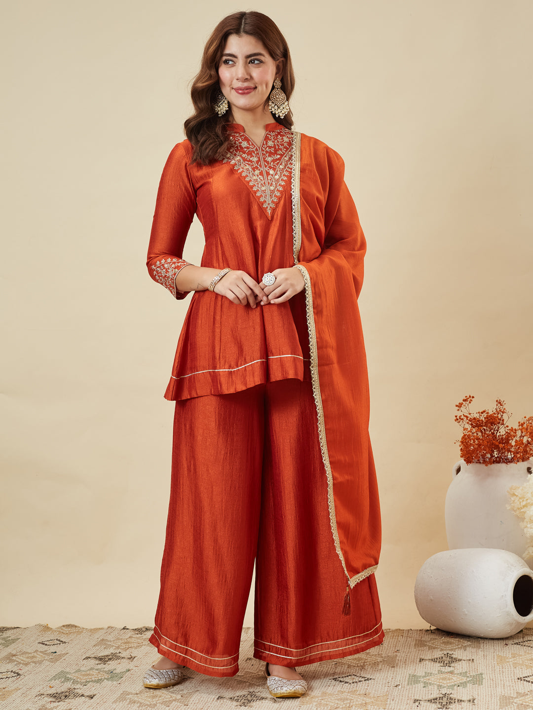 Dwija Fashion Short Kurti Vichitra Silk Embroidered Orange Color Kurti With Palazzo And Dupatta | Grocsy