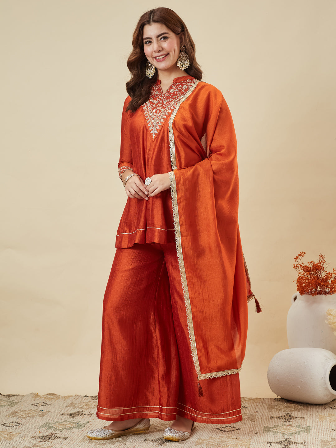 Dwija Fashion Short Kurti Vichitra Silk Embroidered Orange Color Kurti With Palazzo And Dupatta | Grocsy