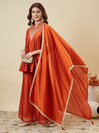 Dwija Fashion Short Kurti Vichitra Silk Embroidered Orange Color Kurti With Palazzo And Dupatta | Grocsy