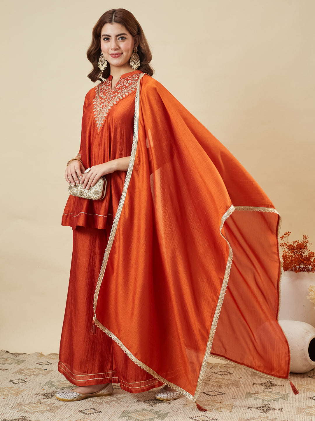 Dwija Fashion Short Kurti Vichitra Silk Embroidered Orange Color Kurti With Palazzo And Dupatta | Grocsy
