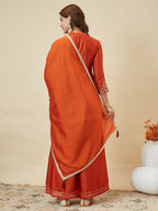 Dwija Fashion Short Kurti Vichitra Silk Embroidered Orange Color Kurti With Palazzo And Dupatta | Grocsy