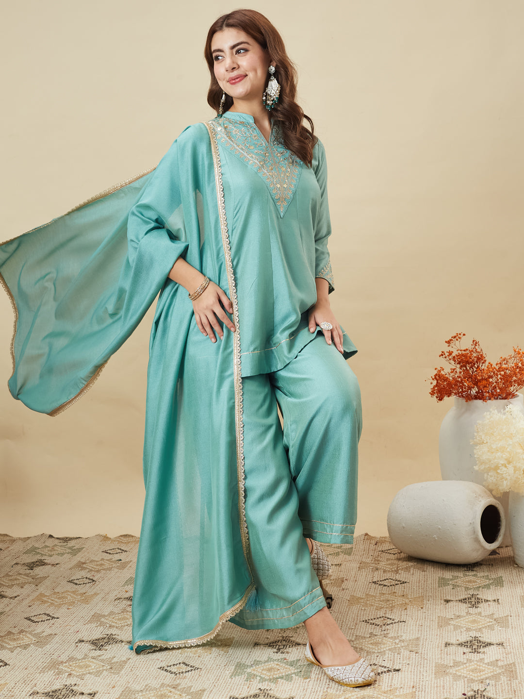 Dwija Fashion Short Kurti Vichitra Silk Embroidered Turquoise Blue Color Kurti With Palazzo And Dupatta | Grocsy