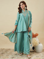 Dwija Fashion Short Kurti Vichitra Silk Embroidered Turquoise Blue Color Kurti With Palazzo And Dupatta | Grocsy